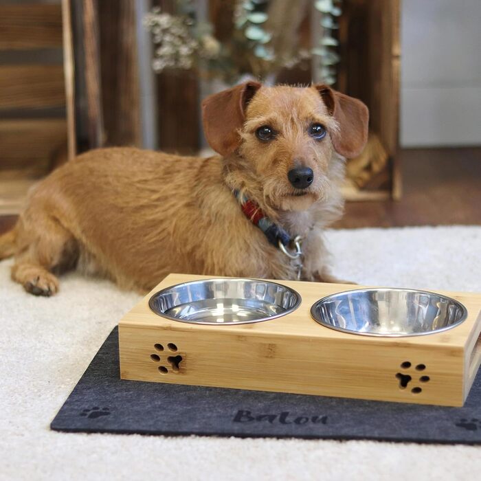 Станція для годування домашніх тварин LAUBLUST - підставка для мисок з бамбука, 2 нержавіючі миски | для собак та котів (38 x 19 x 6 см)