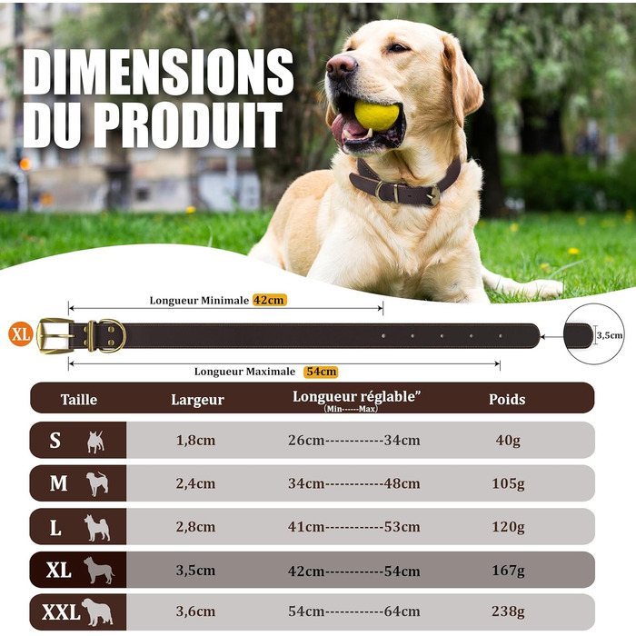 Нашийник для собак з натуральної шкіри, великий розмір (XL), міцний нашийник з латунною застібкою та D-подібним кільцем