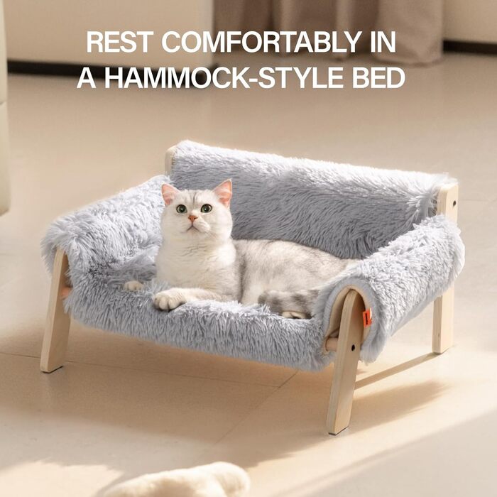 MEWOOFUN Elevated Cat Bed Sofa made of Wood, Sturdy Large Cat Sofa – Fashionable Cat Stool with Removable Mattress Cover, Holds up to 10 kg (56x45cm, Grey)
