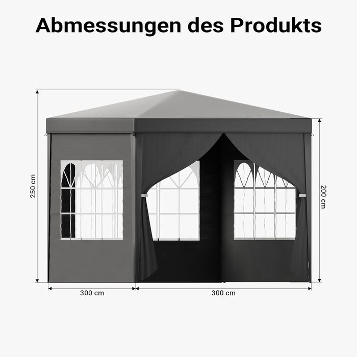 Toboli Pavilion 3 x 3 m in Grey with UV Protection 50+, Garden Pavilion with Removable Sides, Party Tent with Windows for e.g. Terrace and Festival