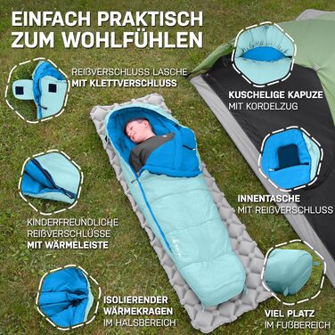 Дитячий спальний мішок для кемпінгу Lila/Türkis (Aqua Splash) | 100% бавовна, легкий та теплий | Розмір до 145 см, 1200г