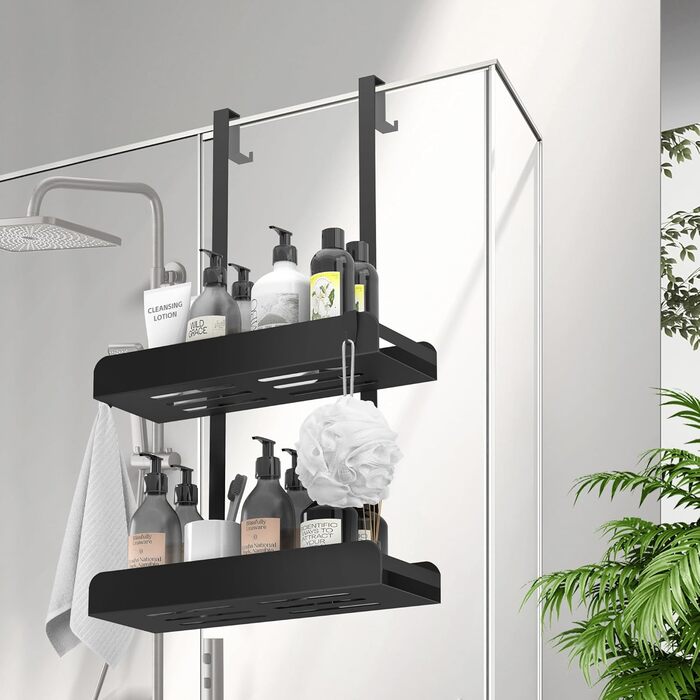 Настінна поличка для душу без свердління, чорна, з 4 гачками. Органайзер для шампуню та інших аксесуарів у ванну кімнату та кухню. Підходить для безрамкових скляних дверей.