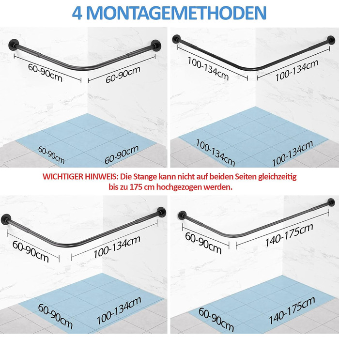 Штанга для душу L-подібної форми, регульована 60-134 см, з кріпленням для штори та опорою для стелі, чорна. Підходить для ванни/ванної кімнати. Потрібно свердління.