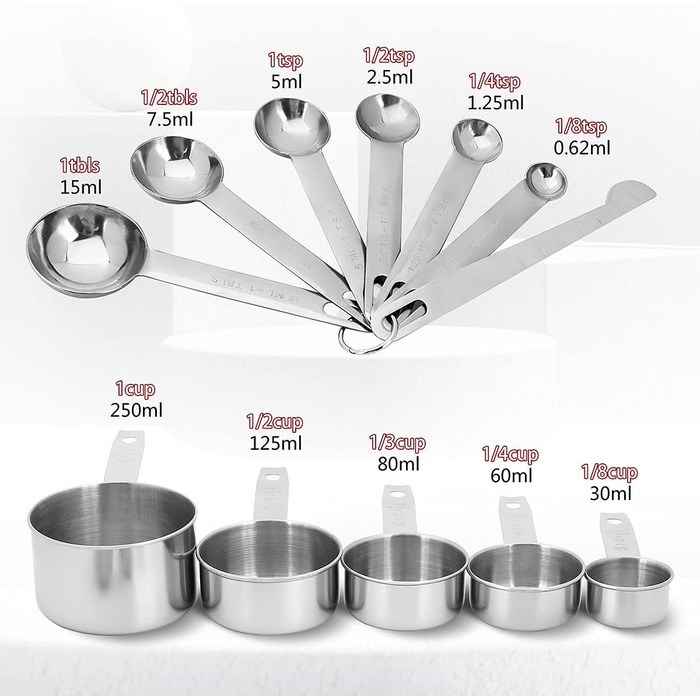 Wmtidene 13-Piece Measuring Cups and Spoons Set, Stainless Steel, 5 Measuring Cup Set and 6 Measuring Spoon Set, 1 Coffee Spoon, 1 Leveler for Dry and Liquid Ingredients