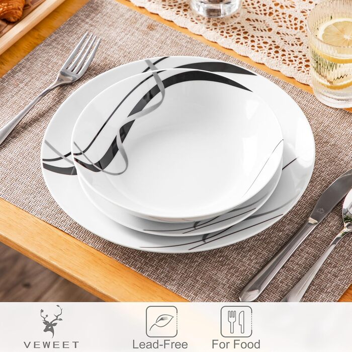 VEWEET Набір посуду 18 предметів на 6 осіб, порцеляновий сервіз, 6 тарілок для їжі, десертних та супових тарілок, сервіз Fiona
