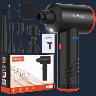 Електричний пилосос для повітряного видування ADDCOLOR, 3 швидкості, 100000 об/хв, LED-підсвічування, акумулятор 6000mAh, набір для чищення ПК, авто, дивану (чорний)