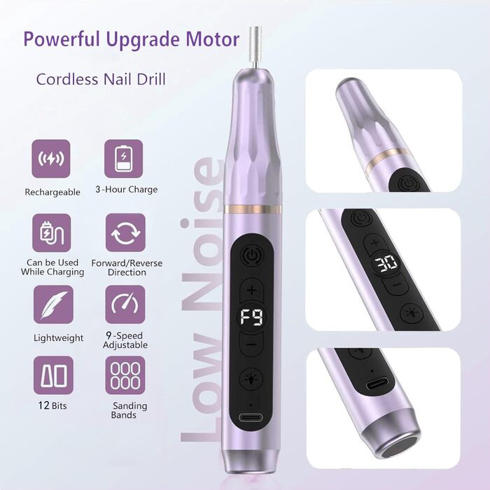 Електричний фрезер для нігтів бездротовий 12 в 1 професійний, манікюр/педикюр, USB, 9 швидкостей, 20000 об/хв (фіолетовий)