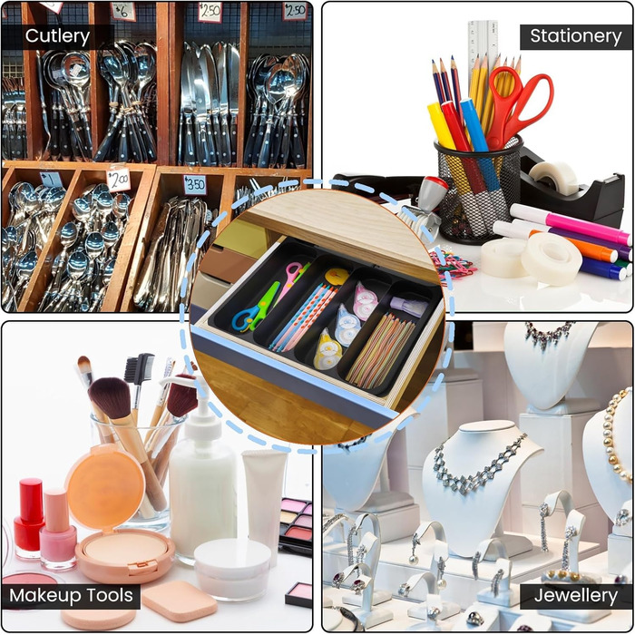 Органайзер для столових приладів висувний, 6 відділень, чорний пластик – регульоване кухонне зберігання для посуду та ножів