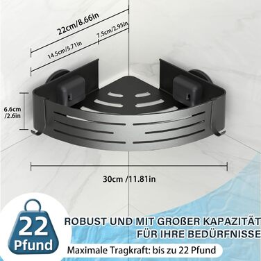 Двомісне куткове поличок для душу без свердління з присосками, водонепроникний органайзер для ванної кімнати, з тримачем для рушників, для шампуню та гелю для душу, чорний матовий (1 шт. сірий кутовий поличок для душу)