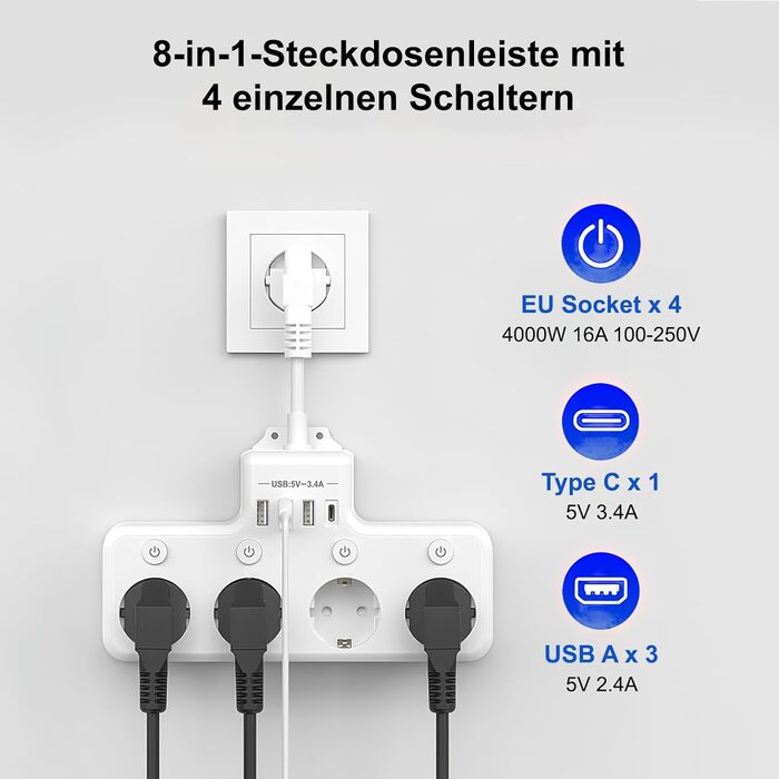 Мережевий фільтр з USB, 4 розетки з індивідуальним вимикачем, 3 USB та 1 Type-C (5V 3.4A) для кухні, вітальні, спальні, офісу