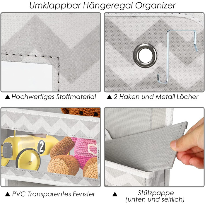 Органайзер для підвішування з 5 прозорими кишенями, 2 гачками, для шафи, ванної, дитячої кімнати, вітальні, спальні (Zickzack)
