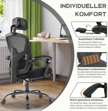 Офісне крісло DUMOS Ergonomisch C-3509 чорного кольору - ергономічне крісло з комфортними підлокітниками, підтримкою попереку та підставкою для ніг, для дому та офісу (26 x 39 x 50.75 inches)