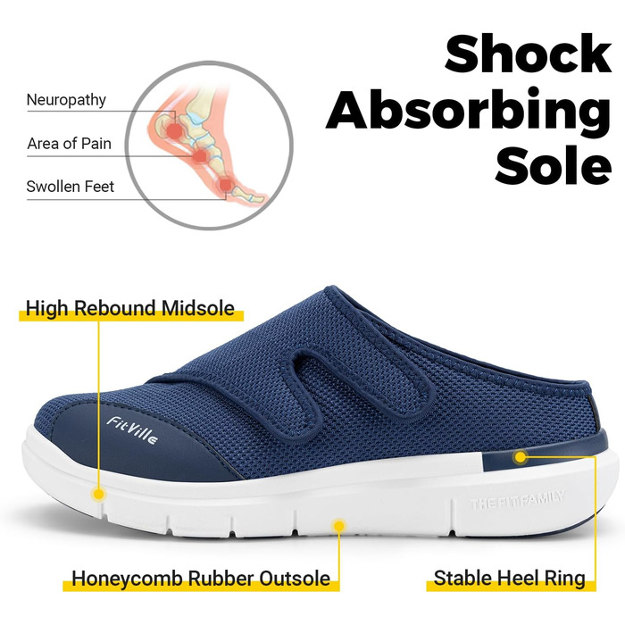 Домашні тапочки FitVille для чоловіків, широкі з клямкою, пантофи для реабілітації, розмір 41 EU, блакитні