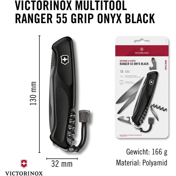 Швейцарський ніж Victorinox Ranger Grip 55 Onyx Black – мультитул з 12 функцій, чорний, 130 мм