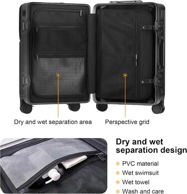 Чемодан ручної поклажі для весни/літа, відповідає вимогам авіакомпаній, з TSA-замком, 360° колесами, PC-корпусом та міцним алюмінієвим каркасом, підходить для розмірів 20'', 24'' та 26'' (20'', 24'') Чорний