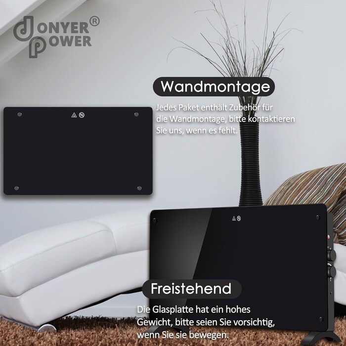 Конвектор-нагрівач DONYER POWER 2000W, ультратонкий, настінний/підлоговий, скляна панель (1.5kW, чорний)