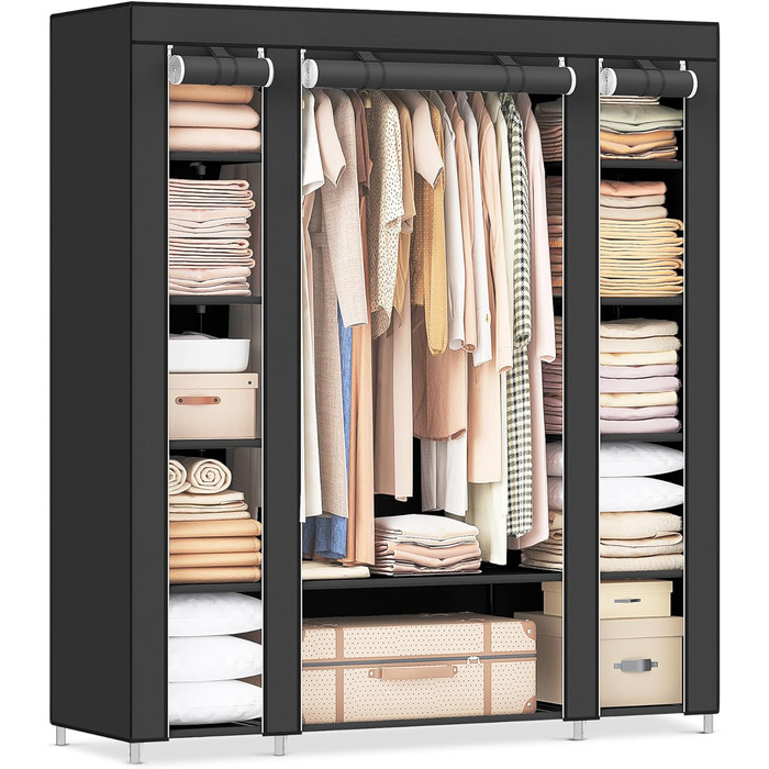 SONGMICS Wardrobe, Fabric Clothes Closet, with Clothes Rail and Shelves, Fabric Cover, for Bedroom, Dressing Room, 150 x 45 x 175 cm, Black LSF03H