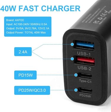 Мережевий адаптер AXFEE 65W з 5 портами: USB-C та USB-A, швидка зарядка PD 3.0, для iPhone 14 Pro Max 13, чорний