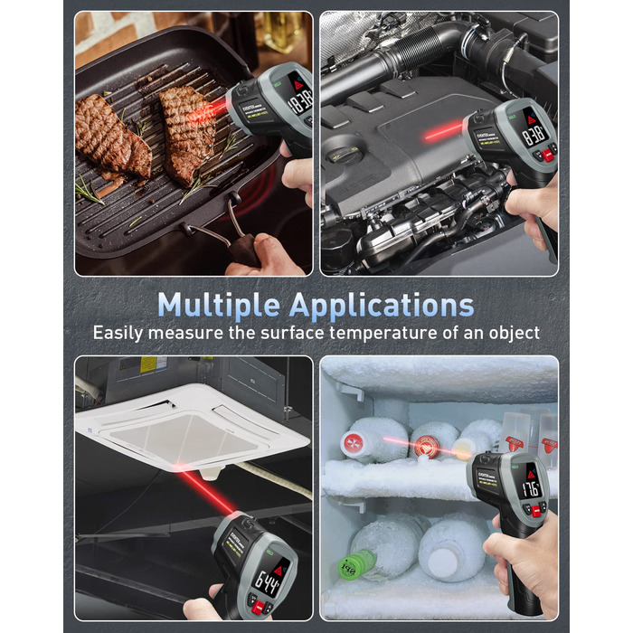 Інфрачервоний термометр Eventek -50°C до 600°C з лазером, регульована випромінювальна здатність, цифровий, LCD дисплей. Для гриля, піци, кухні, промисловості (чорний з аксесуарами 3 в 1)