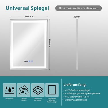 Дзеркало YOURLITE з підсвічуванням, 70x50 см, LED дзеркало для ванної кімнати з сенсорним вимикачем, годинником, 3 кольори світла, регулювання яскравості, запобігання запотіванню, пам'ять налаштувань, срібло