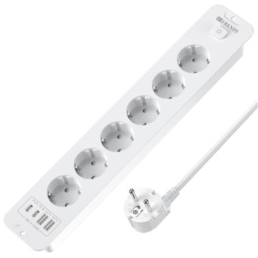 Мережевий фільтр 6-фазовий з USB-портами (4 USB-A, 2 USB-C), з вимикачем, білий, PD 20W