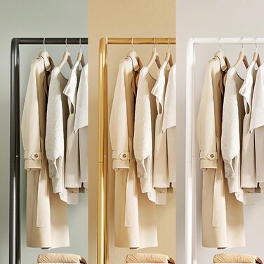 Robust metal clothes rack with double shelves for hanging clothes, freestanding and portable metal clothes rack, 62 L x 35 W x 157.5 H cm space-saving design, Gold (Black)