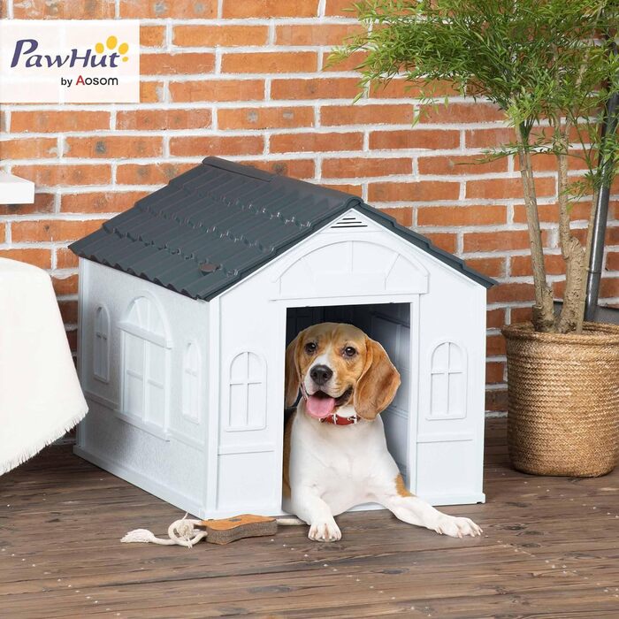 PawHut Dog House with Gable Roof - Weatherproof Outdoor Dog Shelter for Medium Dogs (Up to 20kg) - Grey