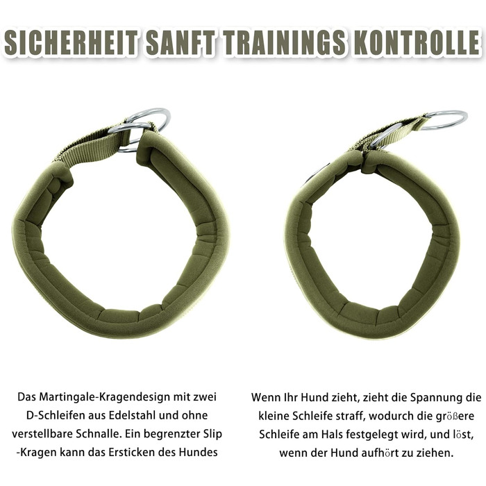 Нашийник для собак з м'якого неопрену (4 см ширина), світловідбиваючий, з міцного нейлону та стопором, зручний, для дресирування, проти потягування, розмір L (армійний зелений, обхват шиї 45-56 см)