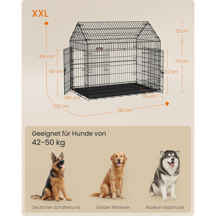 Клітка для собак Feandrea, 120x72.5x109 см, металева, розкладна, XXL, для великих собак, з подвійними дверцятами, легко миється, чорна