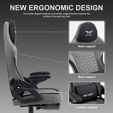 Геймерське крісло Racing Ergonomic Stoff Schwarz Grau з регульованою підголівкою, підлокітниками та підставкою для ніг
