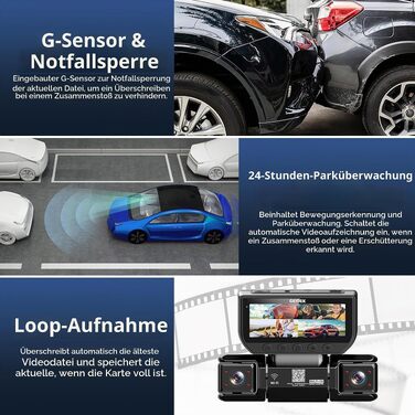 Автомобільний відеореєстратор GEMEK 4K/2K 360° огляду, 4-канальна Dashcam (передня, задня, ліва та права камери), 5G Wi-Fi, керування через додаток, G-сенсор, нічна зйомка, 3.16
