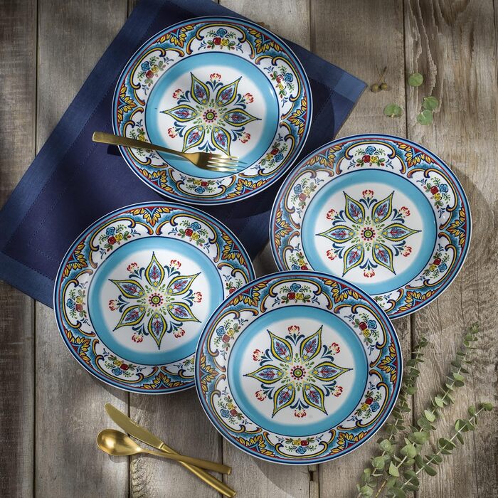 Набір посуду Euro Ceramica Zanzibar Collection, 16 предметів, для кухні та їдальні, на 4 особи, з іспанським квітковим візерунком, блакитно-жовтий посудовий набір