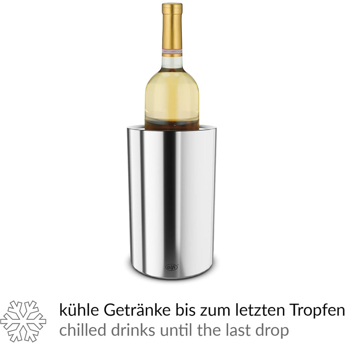 alfi SECCO, stainless steel bottle cooler for 0.70 to 1l bottles, wine, sparkling wine. Keeps drinks cool without condensation or ice cubes, ensuring chilled drinks to the very last drop. Dishwasher-safe, BPA-free (Polished stainless steel, cylindrical)