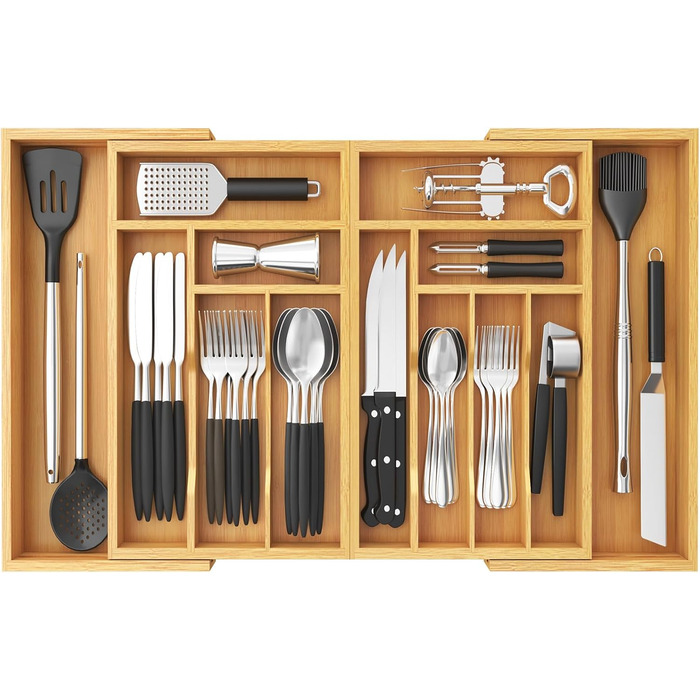 Lifewit Bamboo Cutlery Box, Large Cutlery Insert for Drawer, Adjustable Cutlery Box Expandable to 36 Inches Wide, 11-13 Compartments, Utensil Holder for Spoons/Forks/Knives, Natural Color