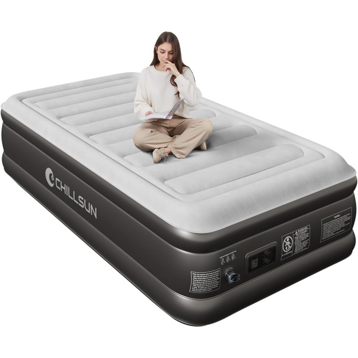 Надувне ліжко CHILLSUN® з електричним насосом, 203x152x46 см, для кемпінгу та гостей, водонепроникне, легко складається (1 особа)