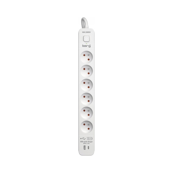 Мережевий фільтр KERG M02602, 6 розеток, 3 м, 16 А, USB-C, USB-A