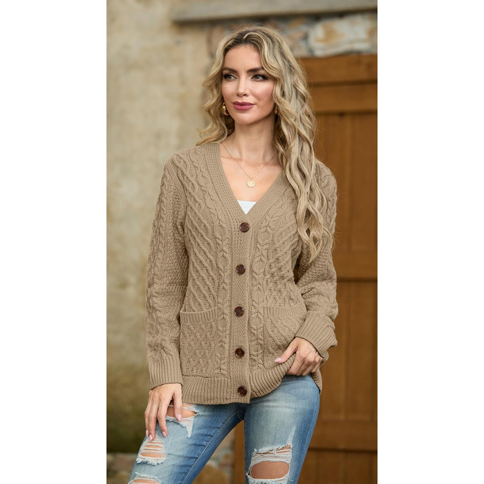Жіночий в'язаний кардиган GRECERELLE з V-подібним вирізом та ґудзиками, класичний стиль, осінь-зима, бежевий колір