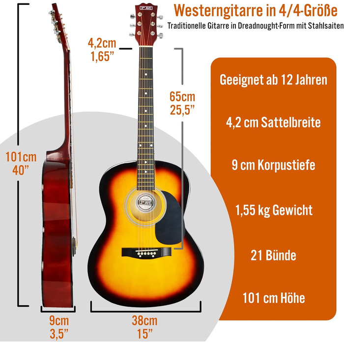3rd Avenue 4/4 Вестерн-гітара: комплект для початківців з чохлом, медиатором та запасними струнами – 6 місяців БЕЗКОШТОВНИХ уроків (Sunburst)