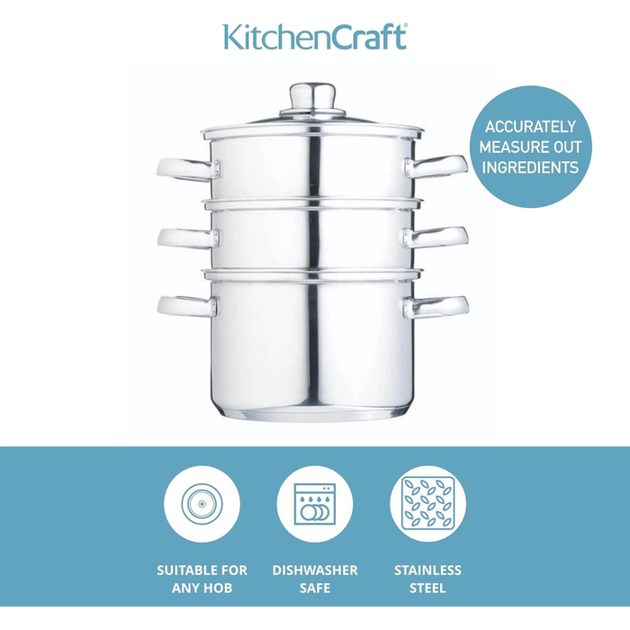 Набір каструль KitchenCraft 3 шт. з пароваркою, суповою каструлею, індукційне дно, нержавіюча сталь, подарункова коробка, 16 см, сріблястий