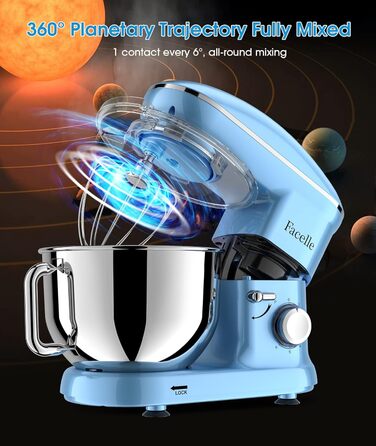 Кухонна машина Facelle 1500W з нержавіючою чашею 6.2L, 6 швидкостей, комплект насадок (міксер, гак для тіста, вінчик, сплеск-захист), блакитна