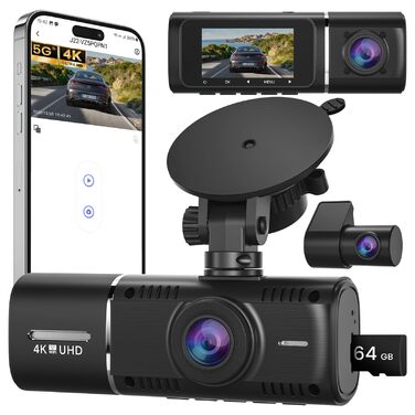 Автомобільний відеореєстратор 4K + 1080P з передньою та задньою камерами, 64GB SD карта, 5GHz WiFi, 1.97