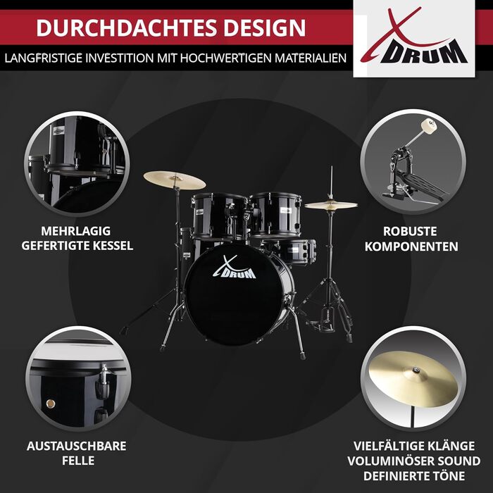 XDrum Rookie 20' Комплект барабанів для студії Black - Ідеальний для початківців - Стильне чорне обладнання - З паличками, інструкцією та школою барабанщиків