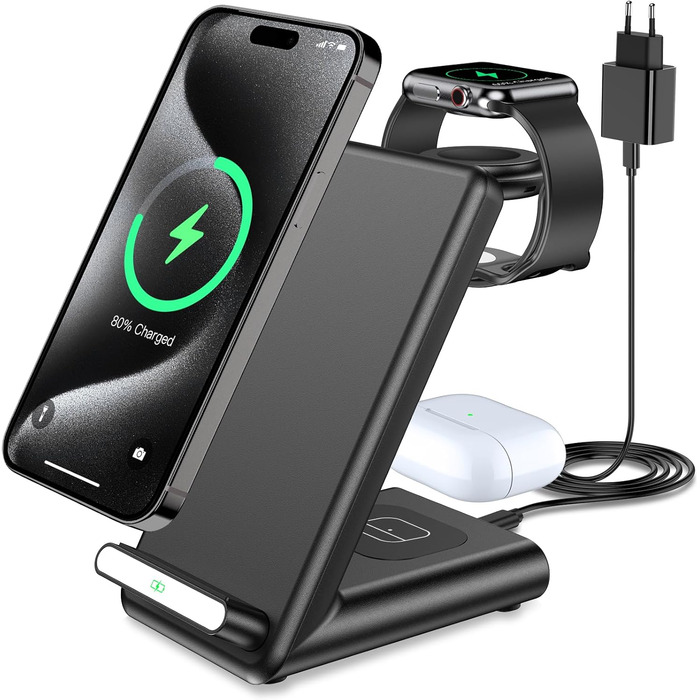 3-в-1 Бездротовий зарядний пристрій: для iPhone 16, 15, 14, 13, 12, 11 Pro Max, Apple Watch та AirPods Pro