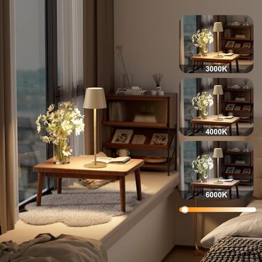 LED настільна лампа K-Bright з регулюванням яскравості, акумуляторна, бездротова, 3000K/4000K/6000K, 3 колірні температури, USB-C, IP54, вологостійка, чорна, 1 шт.