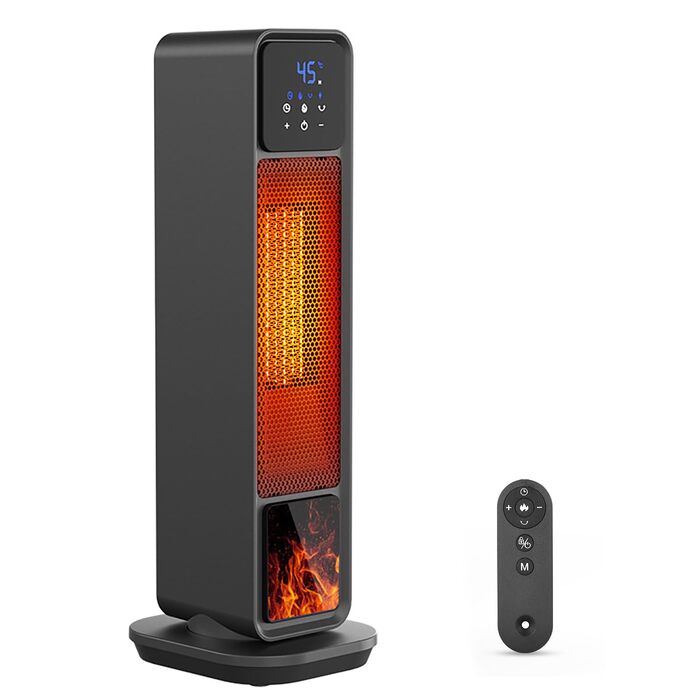 Електричний обігрівач PTC, 2200W, керамічний, з пультом, 4 режими, таймер 12H, термостат, ECO-режим, осциляція 70°, захист від перегріву та перекидання, для дому/офісу, чорний, 61 см