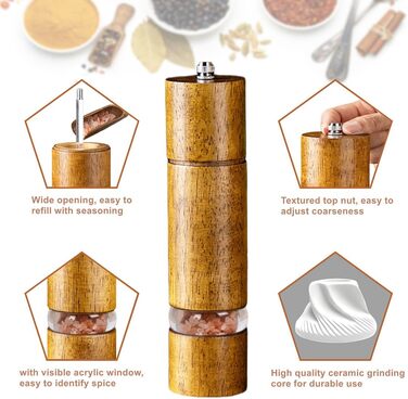 Механічна млинка для солі та перцю з керамічним жорном, регульована ступінь помелу, набір 2 шт. з підставкою, висота 21,5 см