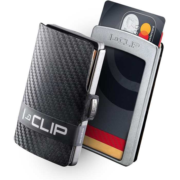 Оригінальний міні-портмоне I-CLIP з кліпсою для грошей - тонкий гаманець з ефектом карбону та чорною рамою (срібна рама)