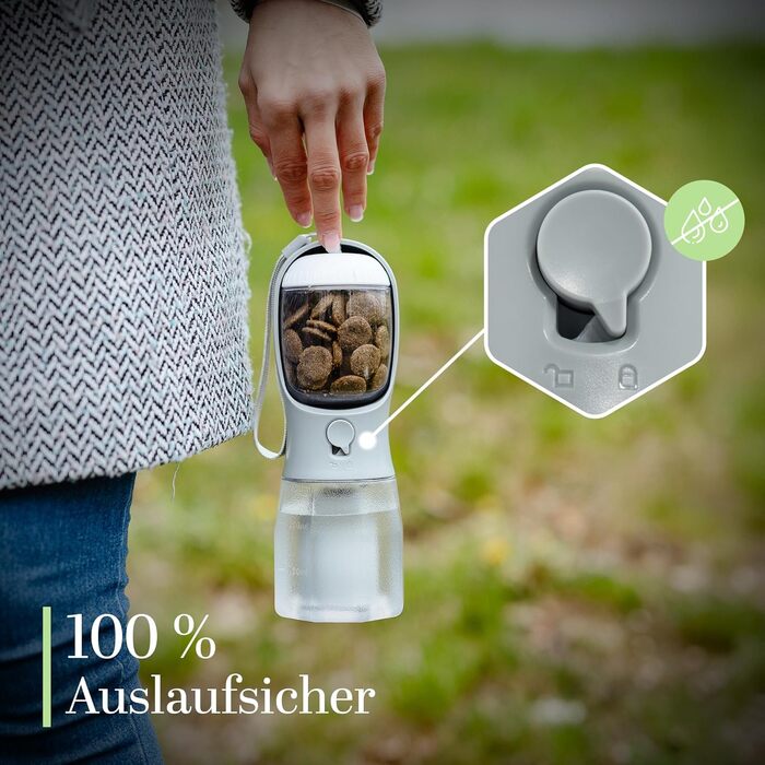 Поїлка для собак на прогулянці 300 мл - 3-в-1 (поїлка та миска) | Без витоку, BPA-free, з функцією повторного наповнення | Вода для маленьких та середніх собак сірого кольору 300 мл