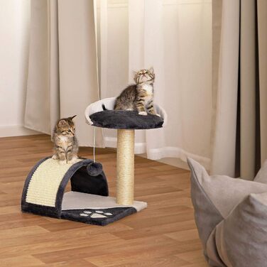 Kratzbaum, small with plush ball & scratching arch, height 43 cm, cozy lying area made of soft plush, stable with sisal rope for claw care, suitable for small & large cats, (Gray/White)