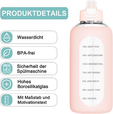 2 Liter Glass Drinking Bottle, 2L Glass Bottle, Glass Water Bottle with Straw, Bottle Brush (Pink)